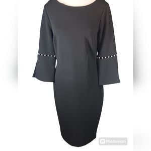 Calvin Klein Solid Black Bell Sleeve Circle Trim Sheath Dress Size 8